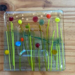 “The Garden”Fused Art Glass  Handmade 6.5”Square Tray By Victoria Heisler